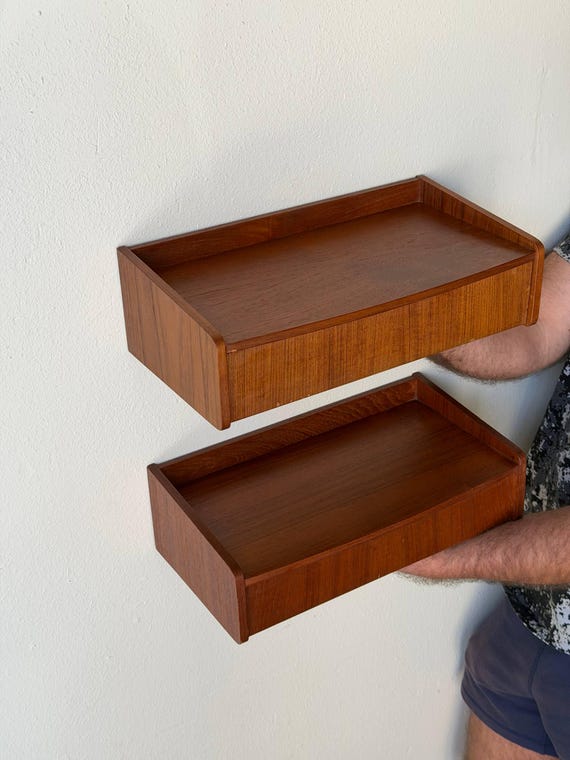 Mid Century Danish Teak Floating Nightstands Wall Mounted Shelves 1960s