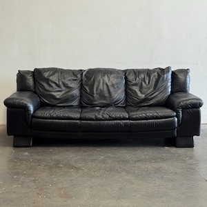 Vintage Italian Black Leather Sofa - Mid Century Modern Style 1980s
