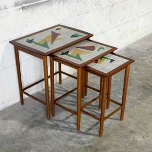 Teak Abstract Mosaic Tile Top Nesting Tables Set of 3 Mid-Century Modern 1960s