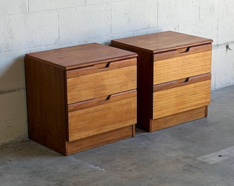 Teak Nightstands Set of 2 Bedside Tables Two Drawer Denmark Mid-Century Modern 1970s