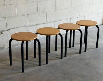 Set of 4 Vintage Danish Stools Mid Century Modern Beech & Metal Seating