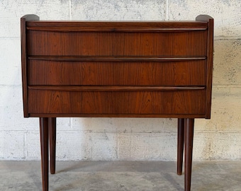 Small Rosewood 3-Drawer Dresser with Sculpted Handle Pulls Danish Mid-Century Modern 1960s