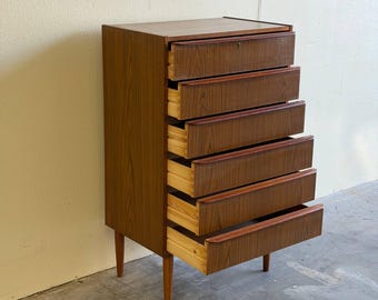 Mid-Century Danish Teak Tall Chest of Drawers – 5 Drawer Highboy Dresser 1960s