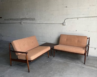 Mid Century Walnut Sofa Set Loveseat Pair + Coffee Table 3 Piece