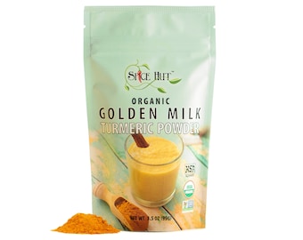 May include: A green pouch with a white label that reads "Spice Hut" and "Organic Golden Milk Turmeric Powder". The pouch contains 3.5 ounces (99g) of turmeric powder. A glass of golden milk is pictured on the label, along with a cinnamon stick.