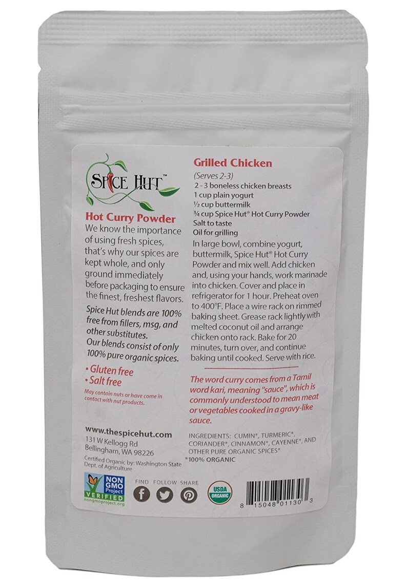 May include: A white pouch with a red and black logo for Spice Hut Hot Curry Powder. The pouch has a recipe for grilled chicken using the curry powder. The recipe includes ingredients like boneless chicken breasts, plain yogurt, buttermilk, and coconut oil. The pouch also includes the text "Gluten free" and "Salt free".