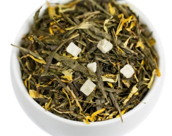 オーガニックスイートパイナップル緑茶 | ルーズリーフ | トロピカル | フルーティー | 甘い | 煎茶 | アイスティー | パイナップル | マリーゴールドの花びら