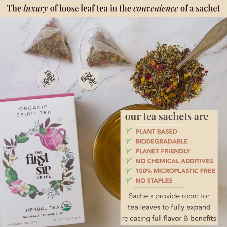 May include: A box of The First Sip of Tea organic herbal tea sachets. The box features a green and white design with a teacup illustration. The text on the box reads "Organic Spirit Tea" and "The First Sip of Tea". The tea sachets are plant-based, biodegradable, planet-friendly, and free of chemical additives, microplastics, and staples. The text on the box also reads "Naturally Caffeine Free" and "16 Pyramid Sachets".