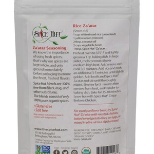 May include: A white Spice Hut Za'atar seasoning package. The label includes the brand logo, product name, and a recipe for Rice Za'atar. It also highlights that the product is gluten-free and made with 100% organic spices.