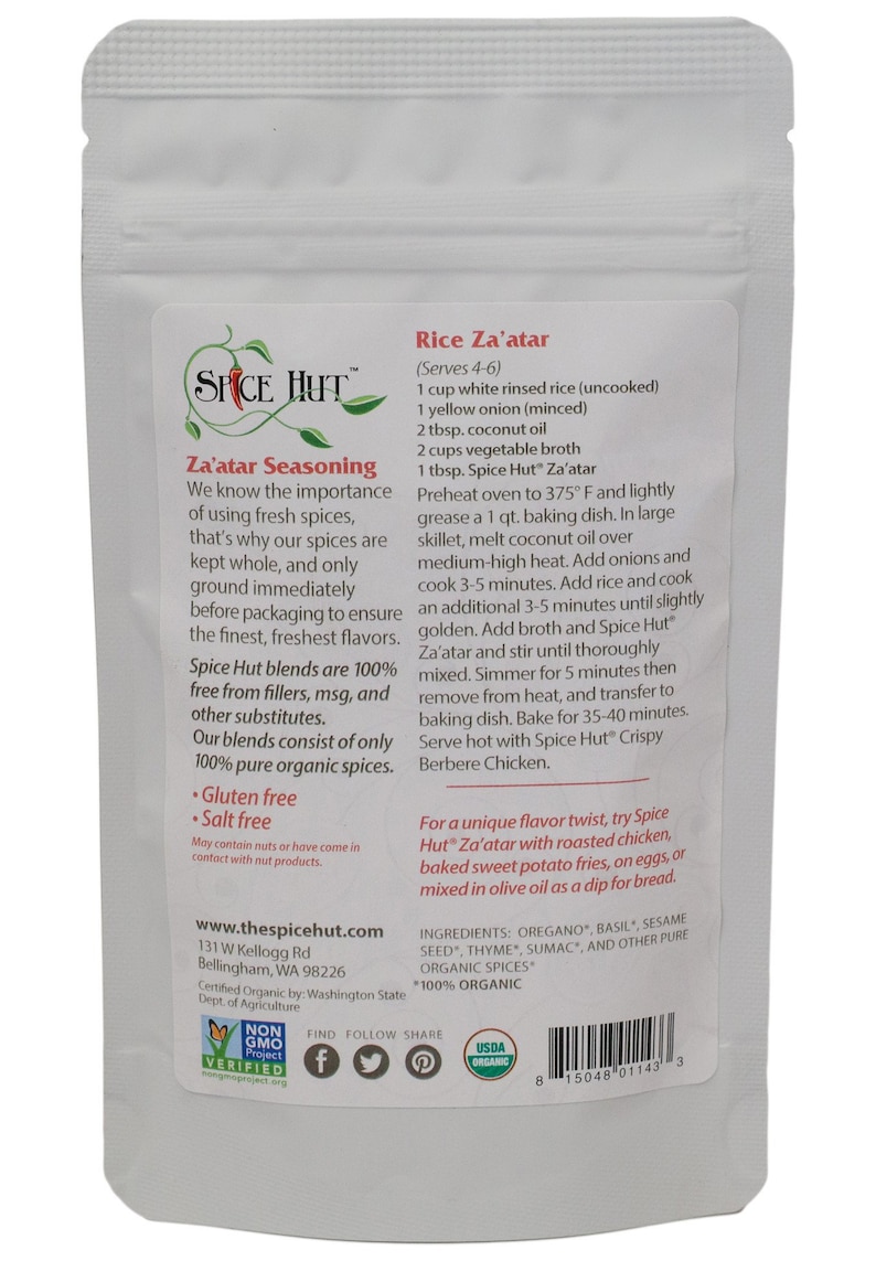 May include: A white Spice Hut Za'atar seasoning package. The label includes the brand logo, product name, and a recipe for Rice Za'atar. It also highlights that the product is gluten-free and made with 100% organic spices.