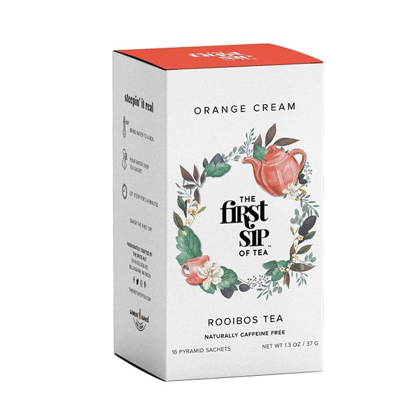 Rooibos crema de naranja, 16 bolsitas de té, té antioxidante de vainilla y naranja sin cafeína, delicioso té helado/bolsitas de té respetuosas con el planeta sin plástico