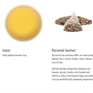 May include: A close-up of a pyramid tea sachet with a blend of herbs, including spearmint, chamomile, rosemary, lavender, and cloves. The tea is a pale yellow brown hue when brewed. The tea is packaged in a barrier proof foil pouch to lock in flavor and aroma while maintaining maximum freshness.