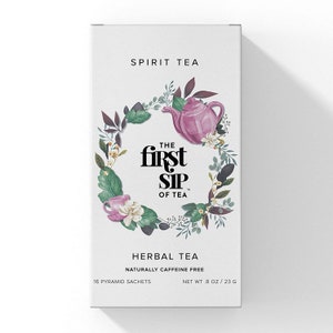 May include: A box of Spirit Tea Herbal Tea, naturally caffeine free. The box features a floral design with a teapot and cup, and the text "The First Sip of Tea". It contains 16 pyramid sachets and weighs 8 ounces or 23 grams.