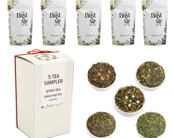 Green Tea Sampler Pack - 5 Loose Leaf Green Tea Flavors with Caffeine | 50-60 cups | Green Tea Gift Pack for Tea Lovers
