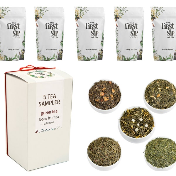 Green Tea Sampler Pack - 5 Loose Leaf Green Tea Flavors with Caffeine | 50-60 cups | Green Tea Gift Pack for Tea Lovers