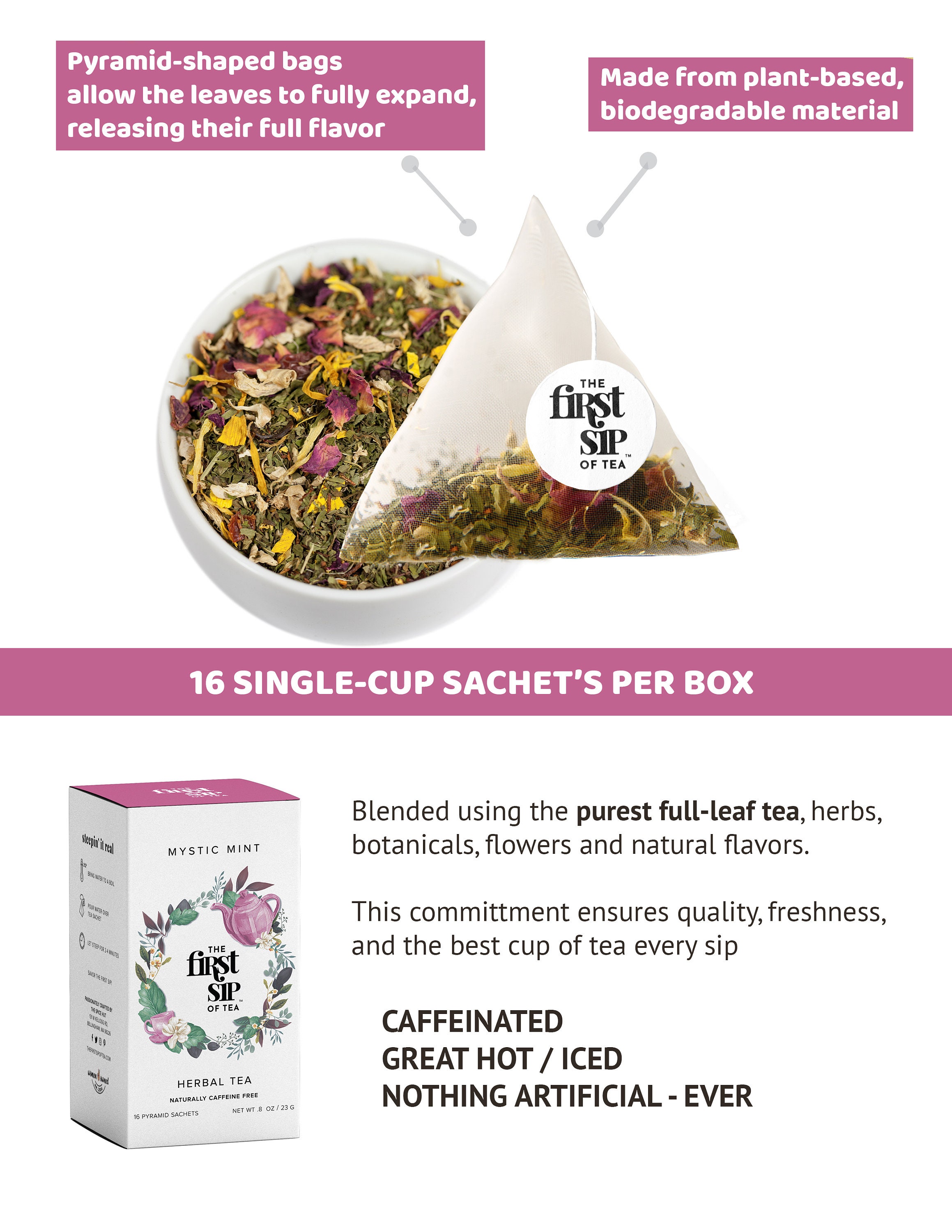 Rh Tea Mystic Mint Herbal Tea, 16 Pyramid Tea Bags | Peppermint, Rose Petals ...
