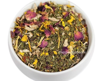 Té de hierbas de menta mística, té de hierbas de hojas sueltas - menta, pétalos de rosa, jengibre - sin cafeína, té de hierbas calmante para el estómago