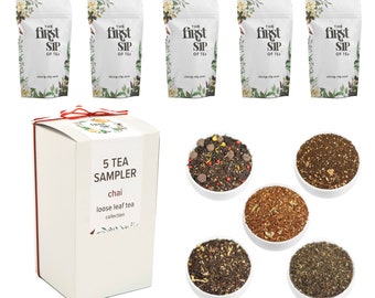 Confezione di campioni di tè Chai - 5 gusti di tè sfuso, confezione regalo di tè Chai non zuccherato e senza latticini per gli amanti del tè Chai / Per 50 tazze