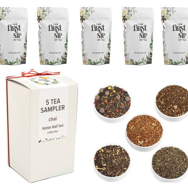 Chai Tea Sampler Pack - 5 Loose Leaf Tea Flavors, Unsweetened, Dairy-Free Chai Tea Gift Pack for Chai Tea Lovers | Makes 50 Cups