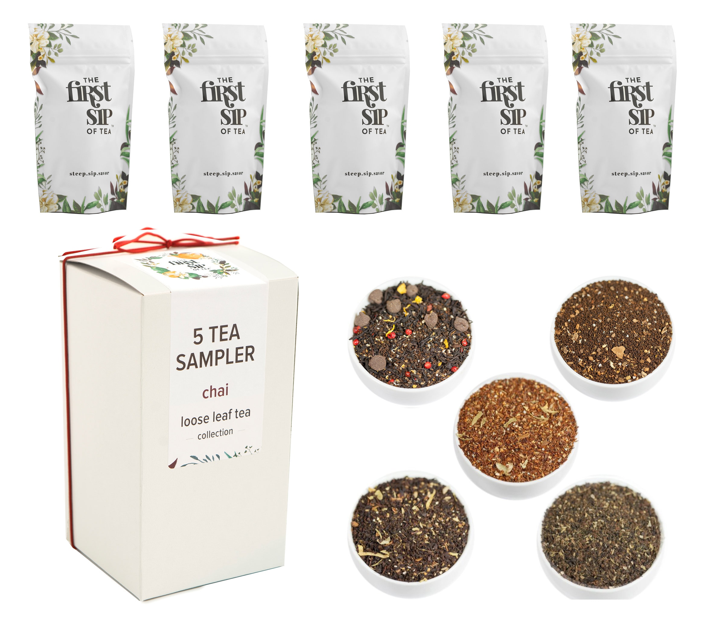 Chai Tea Sampler Pack - 5 Loose Leaf Tea Flavors, Unsweetened, Dairy-Free Chai Tea Gift Pack for Chai Tea Lovers | Makes 50 Cups