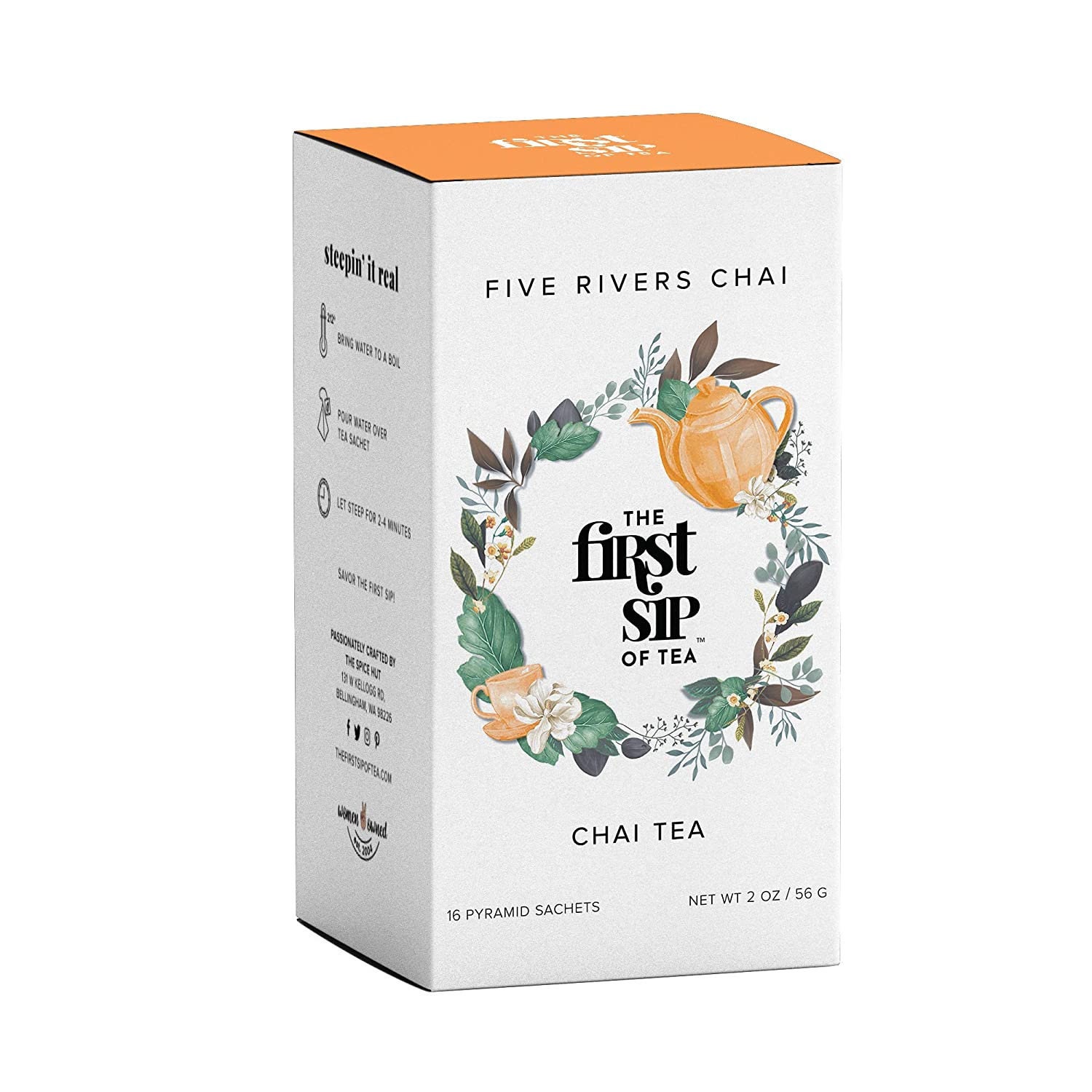 Five Rivers Chai Tea, 16 Pyramid Tea Bags - Unsweetened Indian Masala Chai Tea, Freshly Ground Spices, Indian Spiced Chai Assam Black Tea