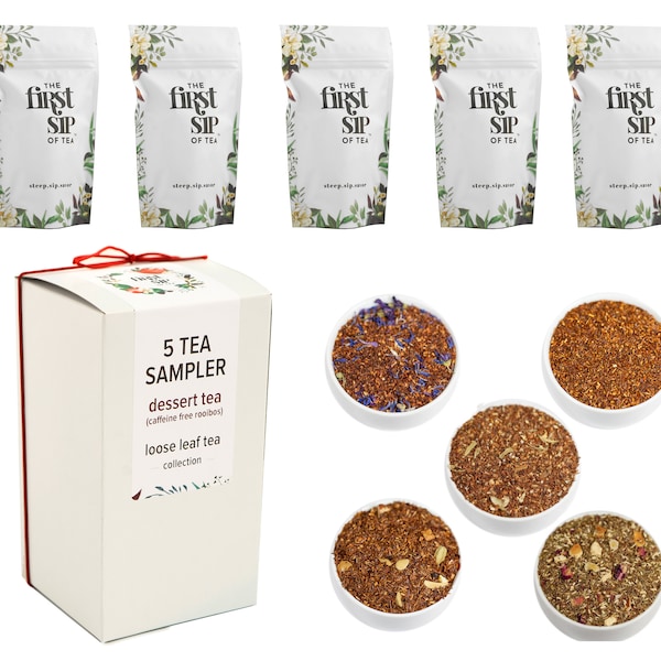 Paquete de muestra de té Rooibos - 5 tés de hojas sueltas, sin cafeína / regalo para los amantes del té, paquete de regalo de muestra de té saludable sin cafeína - Té helado