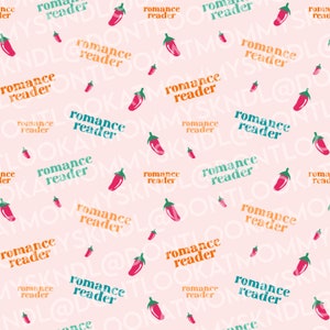 Puede incluir: Un fondo rosa con un patrón repetido de chiles rojos y el texto "romance reader" en varios colores, incluyendo naranja, turquesa y azul.
