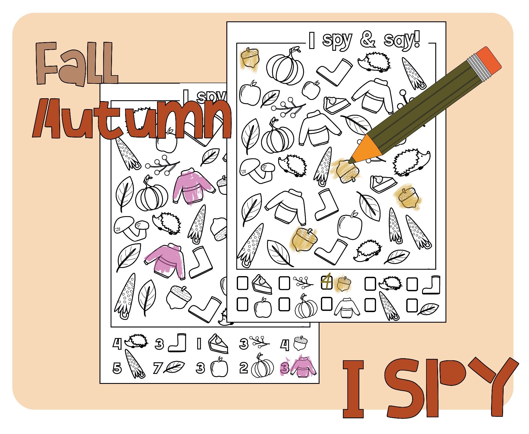Autumn fall Spy Counting and Coloring printable for Kids - Etsy España