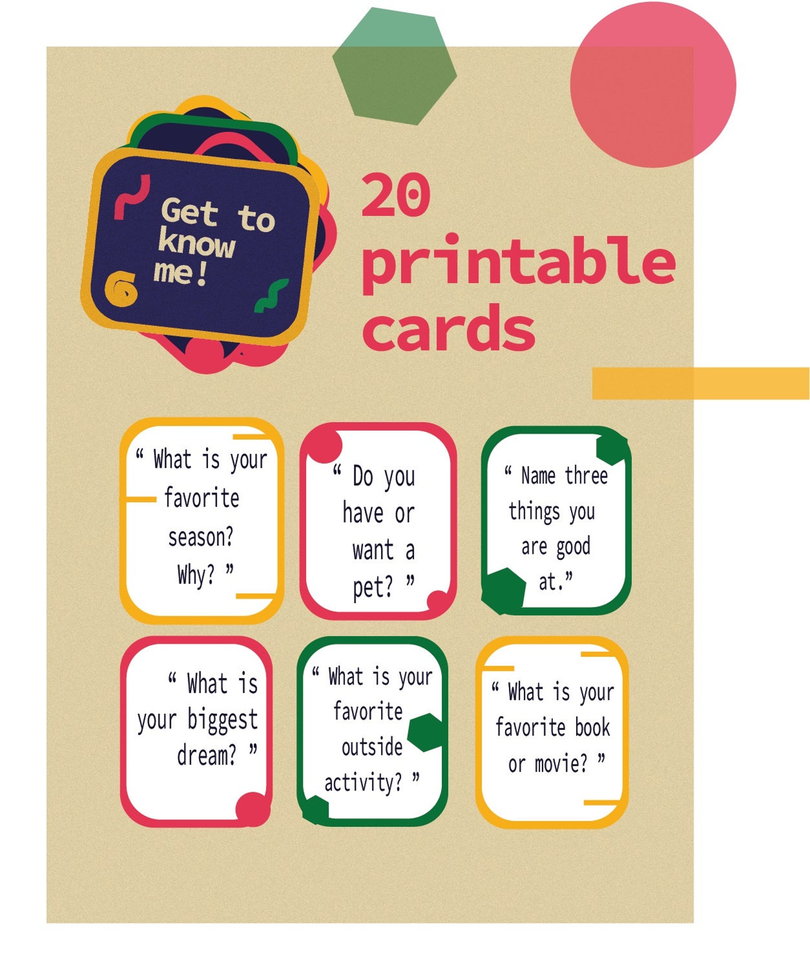 Get to Know Me Printable Cards With 20 Conversation Starters Etsy