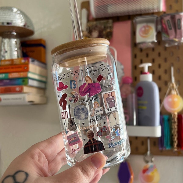 T Swift Eras Glass Drink Cup | Beer Can Style Glass | Valentines Day Gift | Matcha | Coffee Bar Aesthetic | Iced Latte Glass | Swiftie Gift