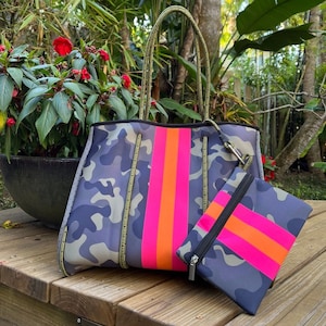 Neoprene Tote Large Blue Camo with Hot Pink Racer Stripe- Beach Bag, Gym Bag, Yoga, Tennis, Tote Bag Carry All