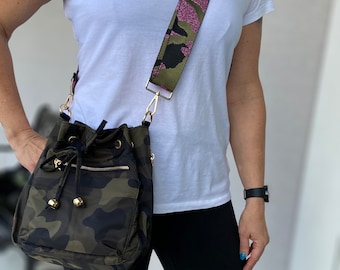 Green Camo Bucket Bag | Choose Your Strap