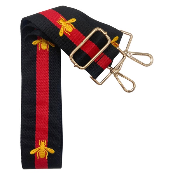 Woven Canvas Purse Strap - Black & Red Bee 2-inch | Game Day | Crossbody | Guitar | Messenger | Bag | Adjustable | Shoulder Strap