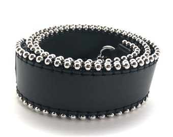 Beaded Purse Strap - Black Vegan Leather with Silver Trim and Hardware