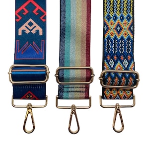 May include: Three adjustable straps with gold hardware and different patterned designs. The straps are blue, red, and yellow with geometric patterns.