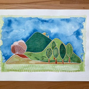 May include: Watercolor painting of a landscape with rolling green hills, trees, and a blue sky. The artwork features a large, textured, pink and brown flower-like shape on the left and a row of trees with gold accents.