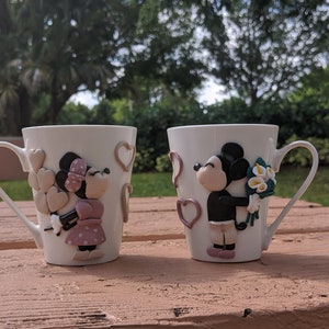 Handmade decorated Minnie or Mickey cup, for coffee, tea or other drink, unique set, perfect gift for chiledren or adults, or stay home,