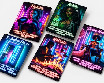 Könnte beinhalten: Fünf rechteckige Karten mit leuchtenden Neon-Illustrationen. Die Karten tragen die Titel Fighter, Toxicity, Unlocked Doors, Release und Divine Feminine und zeigen jeweils thematische Bilder sowie eine Liste von Schlüsselwörtern in weißer Schrift.