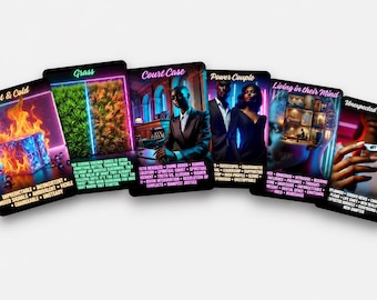 May include: A set of six rectangular oracle cards with dark backgrounds and neon-style text. The cards feature titles including Hot & Cold, Grass, Court Case, Power Couple, Living in their Mind, and Unexpected Pregnancy, each with descriptive keywords.