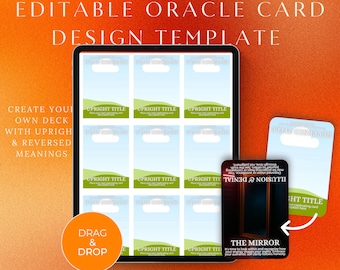 Plantilla editable de diseño de cartas de oráculo: significados en posición vertical e invertida / Plantilla de Canva para creadores de mazos
