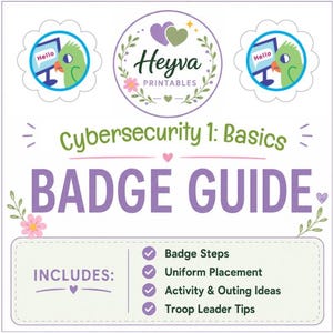 May include: A digital guide titled Cybersecurity 1: Basics BADGE GUIDE by Heyva Printables. The design features a green parrot, computer icons, and floral accents. It lists contents including badge steps, uniform placement, activity ideas, and troop leader tips.