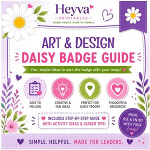 Puede incluir: Una guía digital titulada Art & Design Daisy Badge Guide con una margarita blanca, detalles en morado y cuatro iconos circulares que representan pasos fáciles, ideas creativas, ubicaciones y recursos para líderes de grupo.