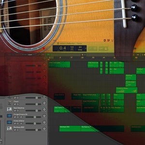 Op de afbeelding: Een close-up van een bruine akoestische gitaar met een klankgat en snaren. De gitaar staat voor een computerscherm waarop een digitale audiowerkstation (DAW) te zien is met een groene tijdlijn en verschillende audiotracks.