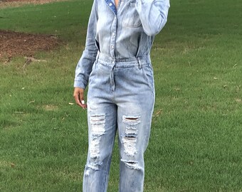 blue jean denim jumpsuit