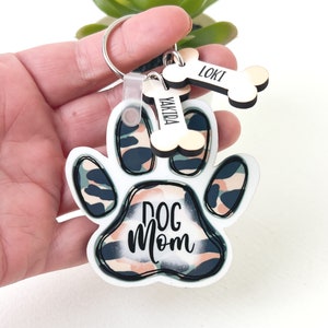 Custom Dog Mom Keychain with Mini Bones | Camo Version | Personalized Keychain | Dog Lover Gift