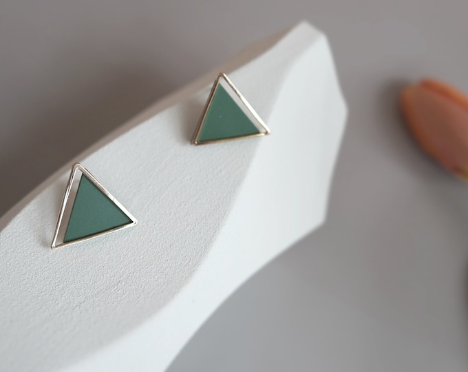 Geometry Ceramic Stud | Minimalist Geometric Earrings | 925 Sterling Silver Gold Plated Earrings | 14k Gold Plated Triangle Frame