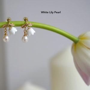 Lily of the Valley Ceramic Earrings| Minimalist Geometric Earrings | 925 Sterling Silver Gold Plated Earrings | Freshwater Pearl Earrings