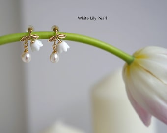 Boucles d’oreilles en céramique Lily of the Valley| Boucles d’oreilles géométriques minimalistes | Boucles d'oreilles plaquées or en argent sterling 925 | Boucles d'oreilles en perles d'eau douce