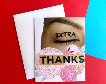 Extra Thanks Greeting Card, Bridal Shower Thank You Cards, Eye Wink Blank Note Cards, Facial Collage Art Cards, Floral Cards