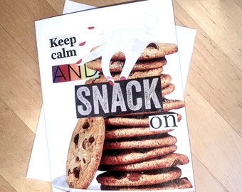 Keep Calm and Snack On Cookie Greeting Card, Chocolate Chip Cookie Lover Cards, Blank Foodie Note Cards, Junk Food Card